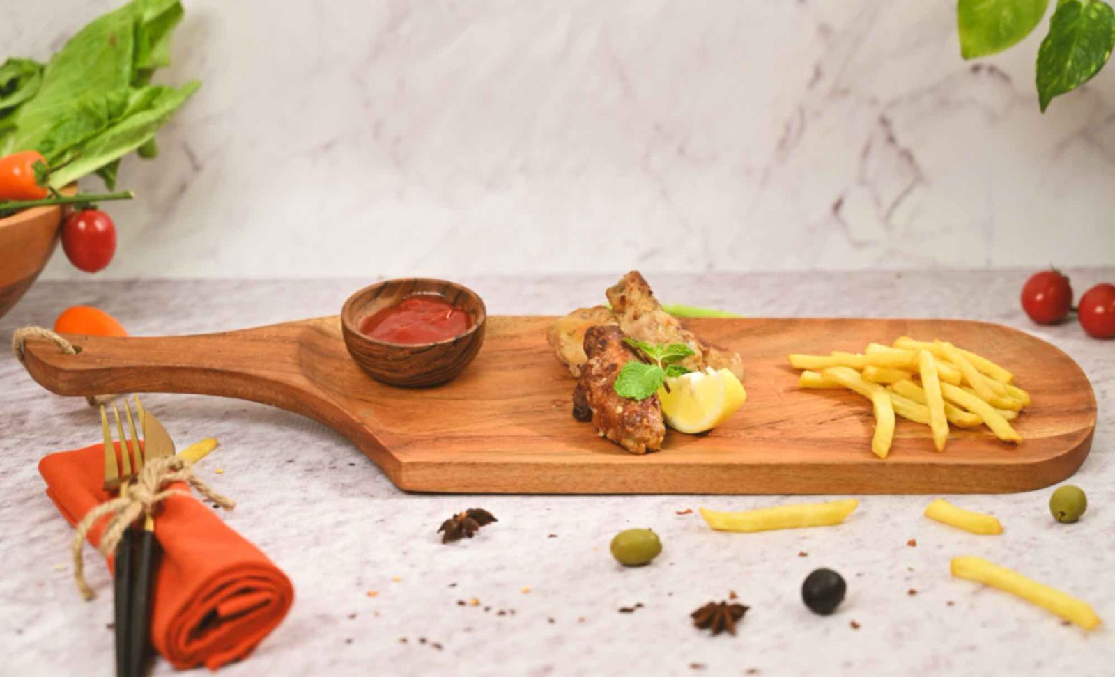 Earthy Long Appetizer Platter, Acacia Wood Serving Board & Canape Tray, 40x13cm