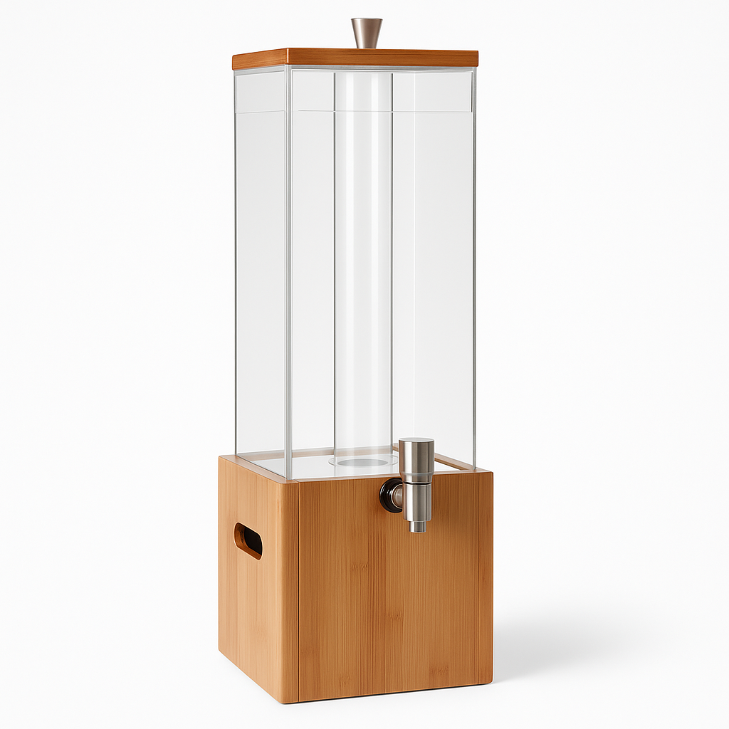Acrylic Juice Dispenser Square with Wooden Base BEECH WODDEN AND ACRYLIC 11 LTR