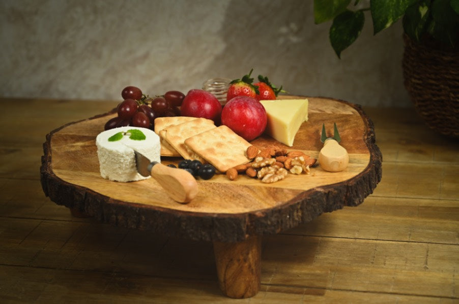 Earthy Bark Riser with Stand, Rustic Acacia Wood Buffet Display & Food Pedestal, 40x40x10cm