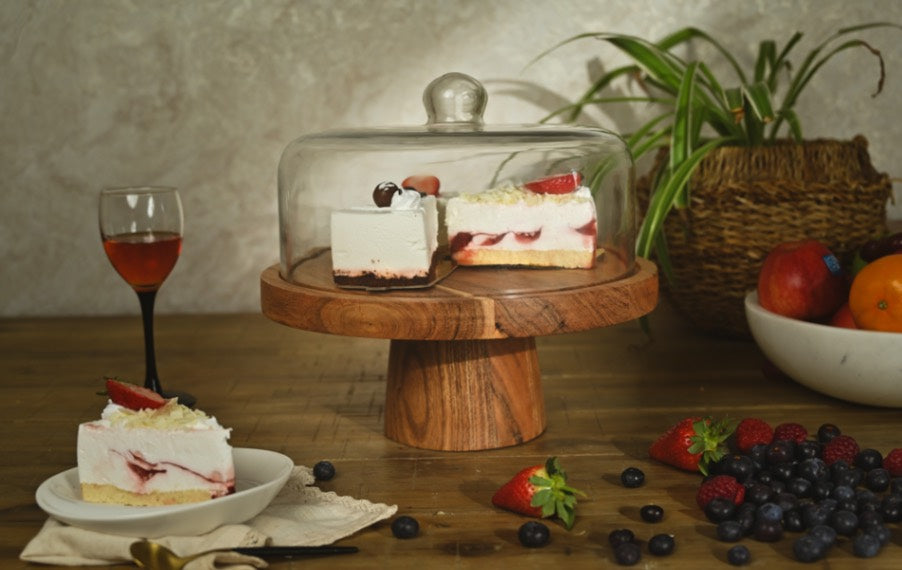 Earthy Cake Stand with Dome - One Tier - 12 inches, Elevated Acacia Wood Pedestal & Pastry Display, 30x30x28cm