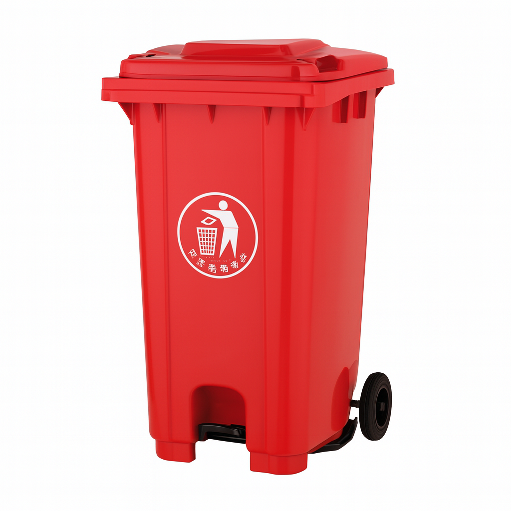 RED 120 LITER PEDAL GARBAGE BIN WITH WHEEL