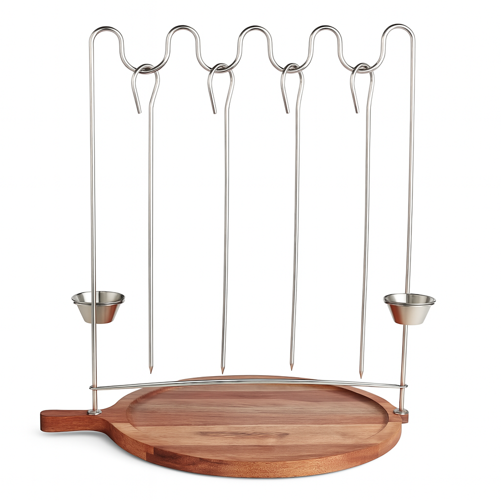 FABHS – HANGING KABAB SKEWER WITH WOODEN BASE & 2 SAUCE CUPS