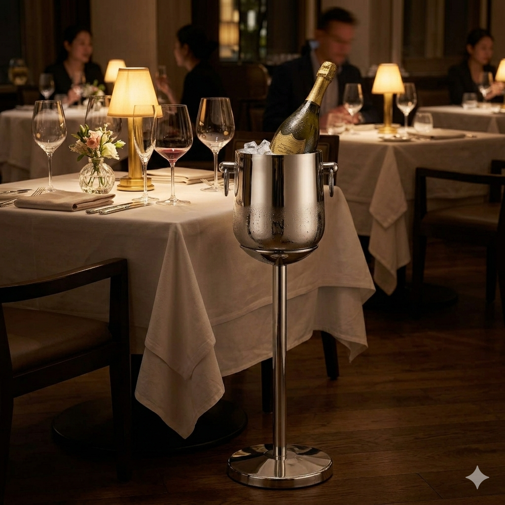 Stainless Steel Champagne Bucket with Tall Floor Stand, Sleek Polished Finish